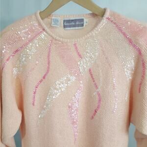 Vintage Holiday Sweater Samantha Starr S Pink Silk Angora Sequin 80s Retro Party